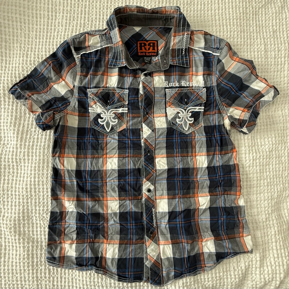 Rock Revival Mens Large Plaid Shirt - Blue and Orange